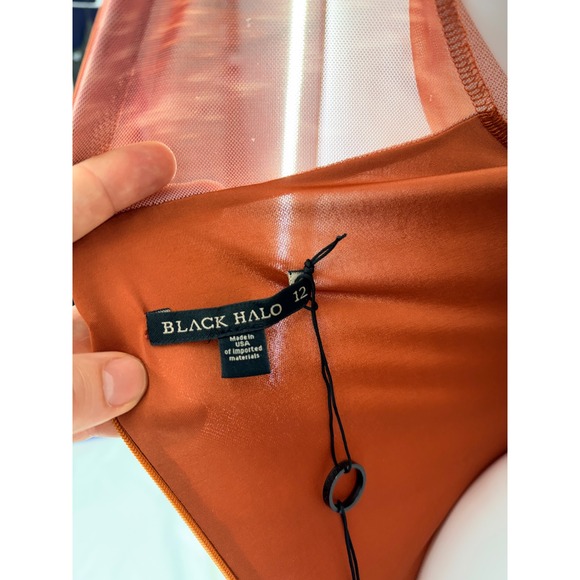 BLACK HALO Ruched Mesh Maxi Dress Sunset Cloud Print Mock Neck Slit Size 12 - Picture 6 of 9